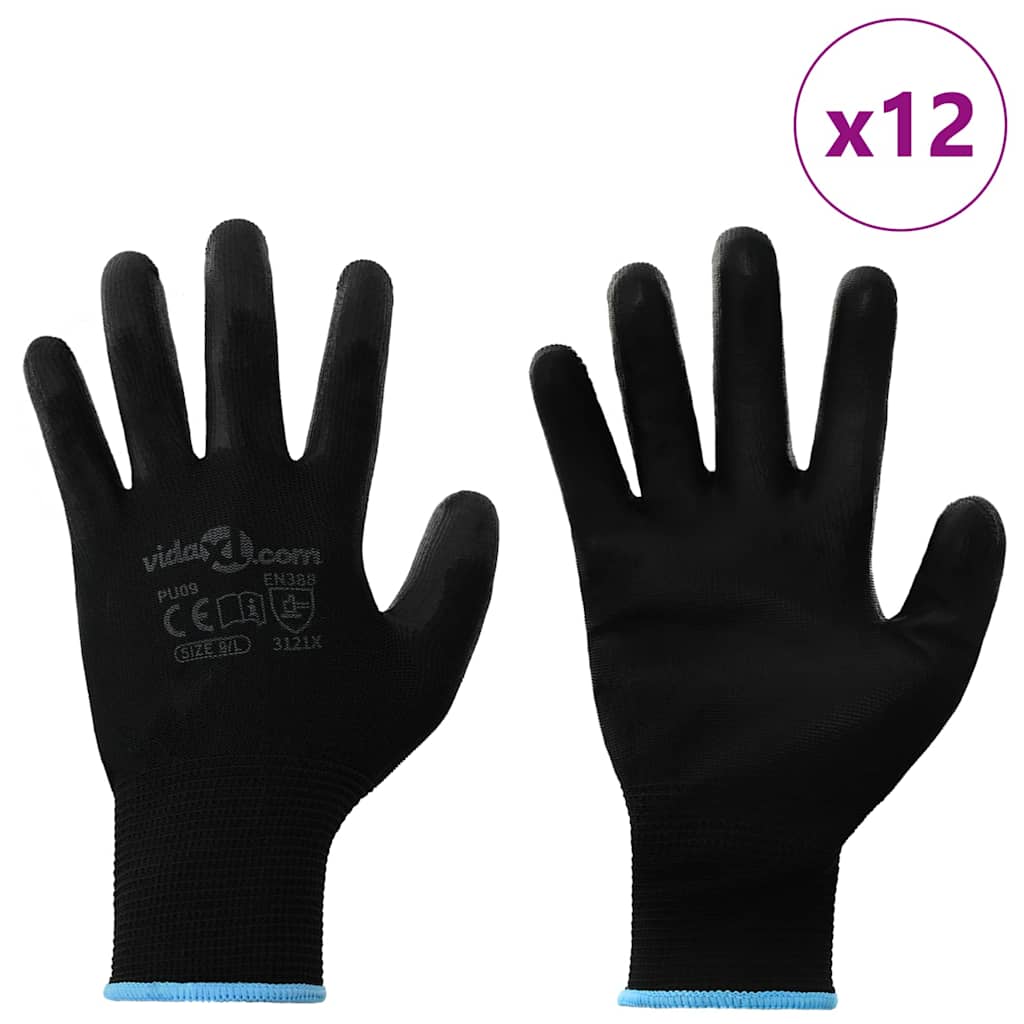 VidaXL Arbeitshandschuhe 12 Stück schwarz 9 l Polyester