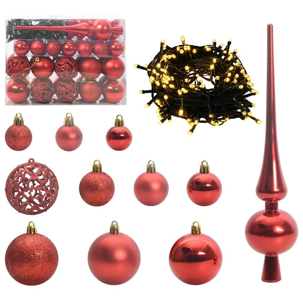 VidaXL Weihnachtskugel-Set mit 150 LEDs, 61-teilig, roter Kunststoff