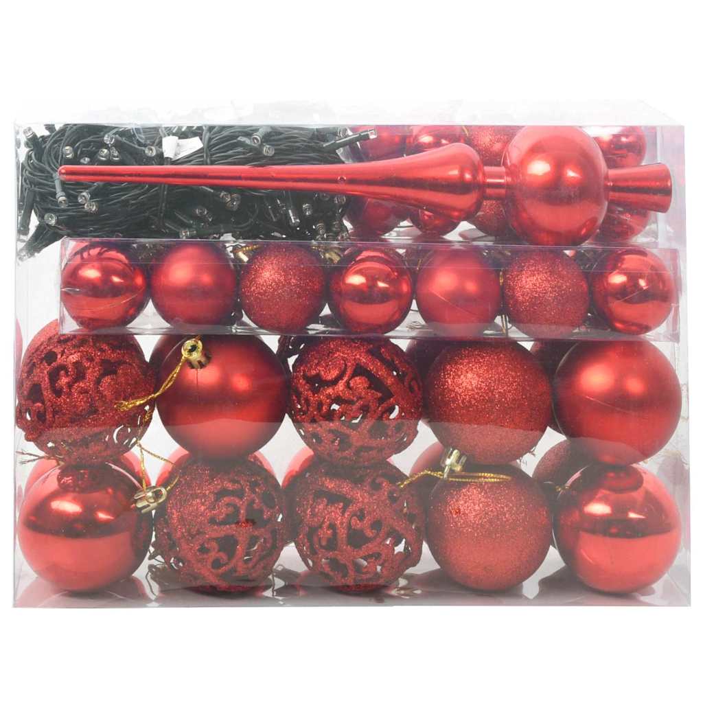 VidaXL Weihnachtskugel-Set mit 150 LEDs, 61-teilig, roter Kunststoff