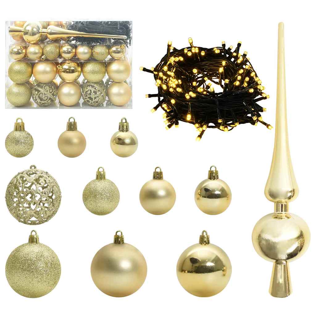 VidaXL Weihnachtskugel-Set mit 150 LEDs, 61-teilig, goldfarbener Kunststoff