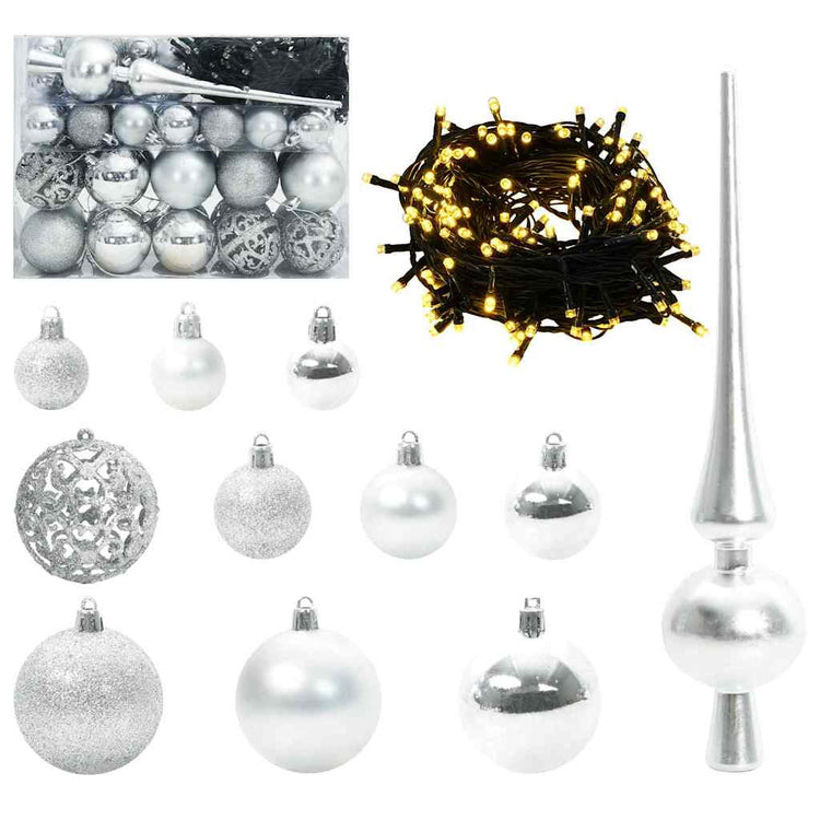 VidaXL Weihnachtskugel-Set mit 150 LEDs, 61-teilig, silberfarbener Kunststoff