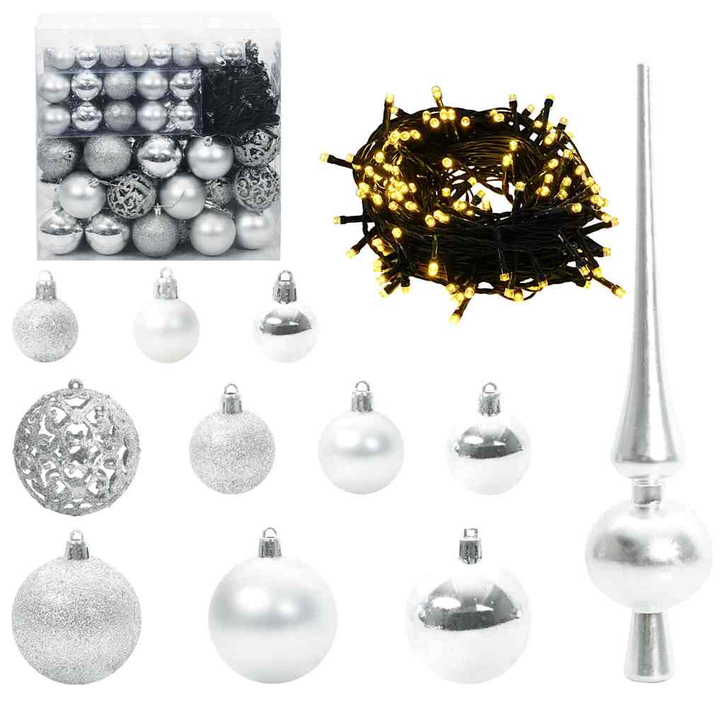 VidaXL Weihnachtskugel-Set mit 300 LEDs, 120 Stück, silberfarbener Kunststoff