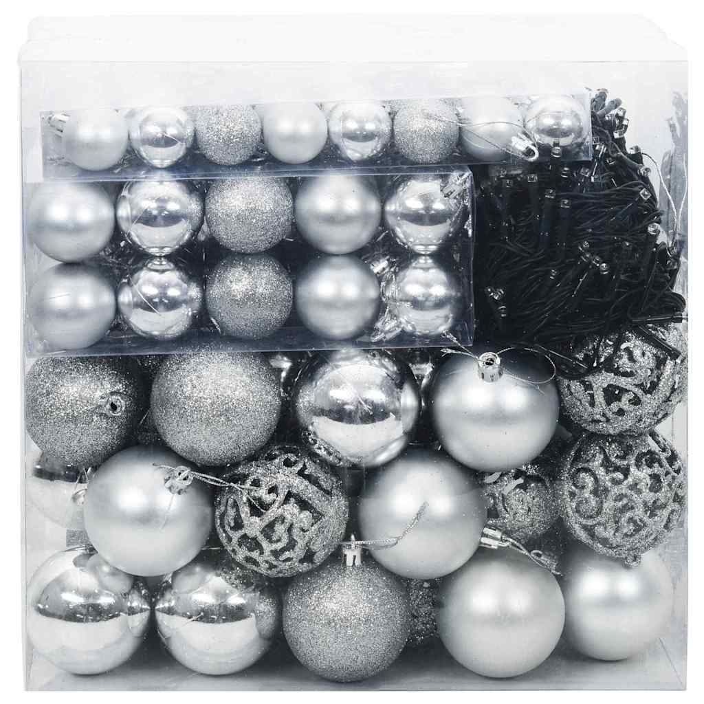 VidaXL Weihnachtskugel-Set mit 300 LEDs, 120 Stück, silberfarbener Kunststoff