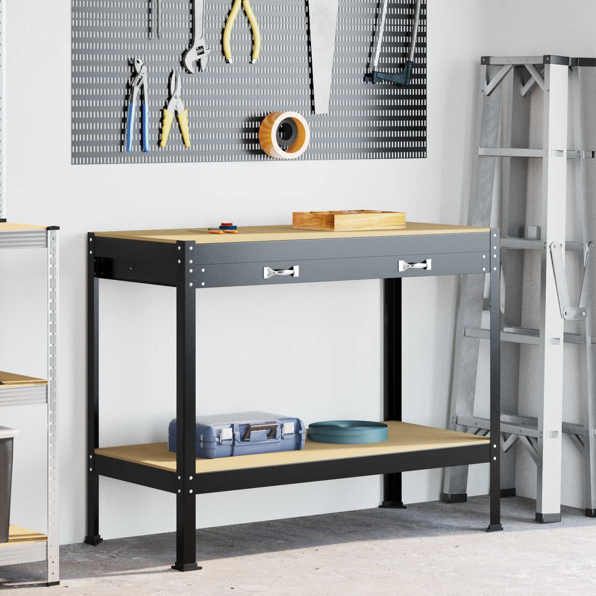 Vidaxl-Werkbänke mit Schublade, schwarz, 114 x 54 x 91 cm, fertiges Holz