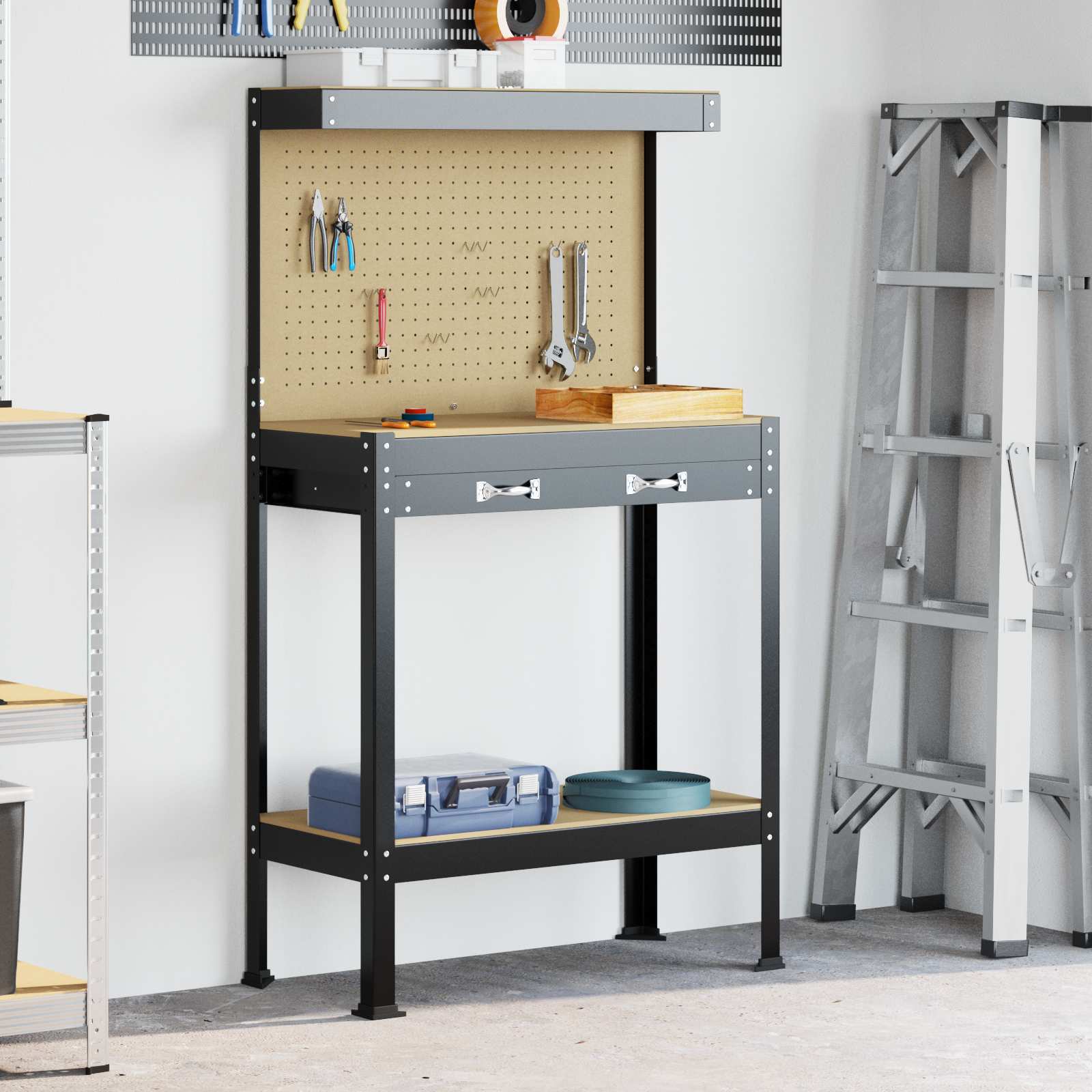 VidaXL Werkbank mit Schublade mit Ablage schwarz 81 x 41 x 145 cm Metall