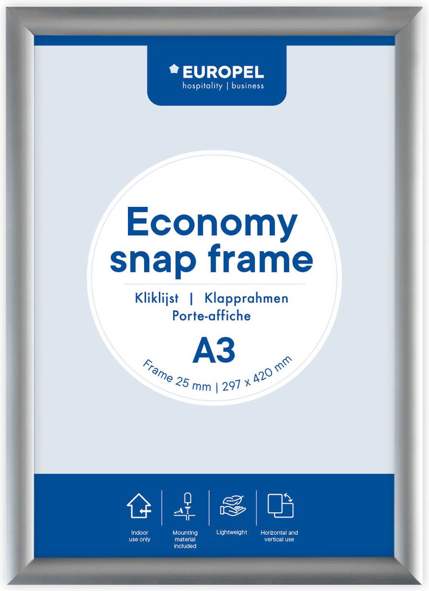 Europel Economy Klickrahmen – Posterrahmen – A3 – 42 x 29,7 cm – 25 mm – Aluminium – Silber