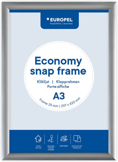 Europel Economy Klickrahmen – Posterrahmen – A3 – 42 x 29,7 cm – 25 mm – Aluminium – Silber
