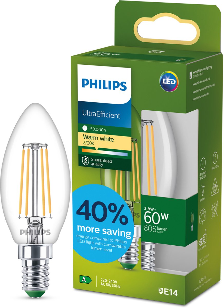 Philips LED Ultraeffiziente LED-Lampe von Philips – 60 W – E14-Fassung – warmweißes Licht: 2700 K – Milchglas – P45-Kugellampe – lange Lebensdauer