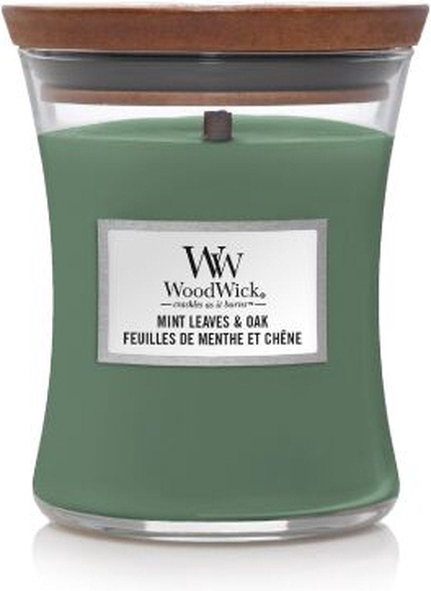 Mittlere Sanduhr-Duftkerze von Woodwick – Minzblätter-Eiche – 60 Brennstunden