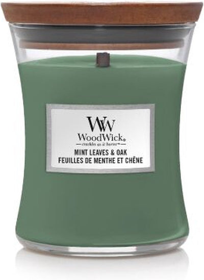 Mittlere Sanduhr-Duftkerze von Woodwick – Minzblätter-Eiche – 60 Brennstunden