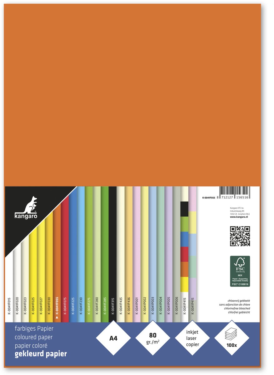 Känguru-Farbpapier – Größe A4 – 80 Gramm – Orange – Packung mit 100 Blatt – k-0041f055