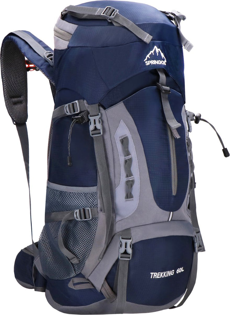 Springos Rucksack – Rucksack – Multifunktional – Camping – Reisen – Regenhülle – Pfeife – 60 Liter – Graublau