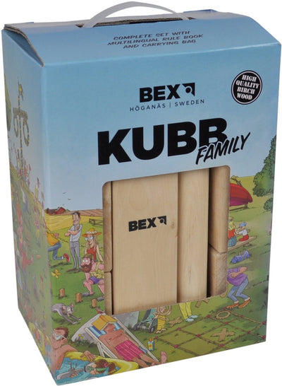 Familie Bex Kubb – Schwedisches Wikingerschach – nachhaltiges Outdoor-Spiel – FSC-Birkenholz – König mit holzfarbener Krone – ab 8 Jahren – inklusive Aufbewahrungsnetz mit Kordelzug