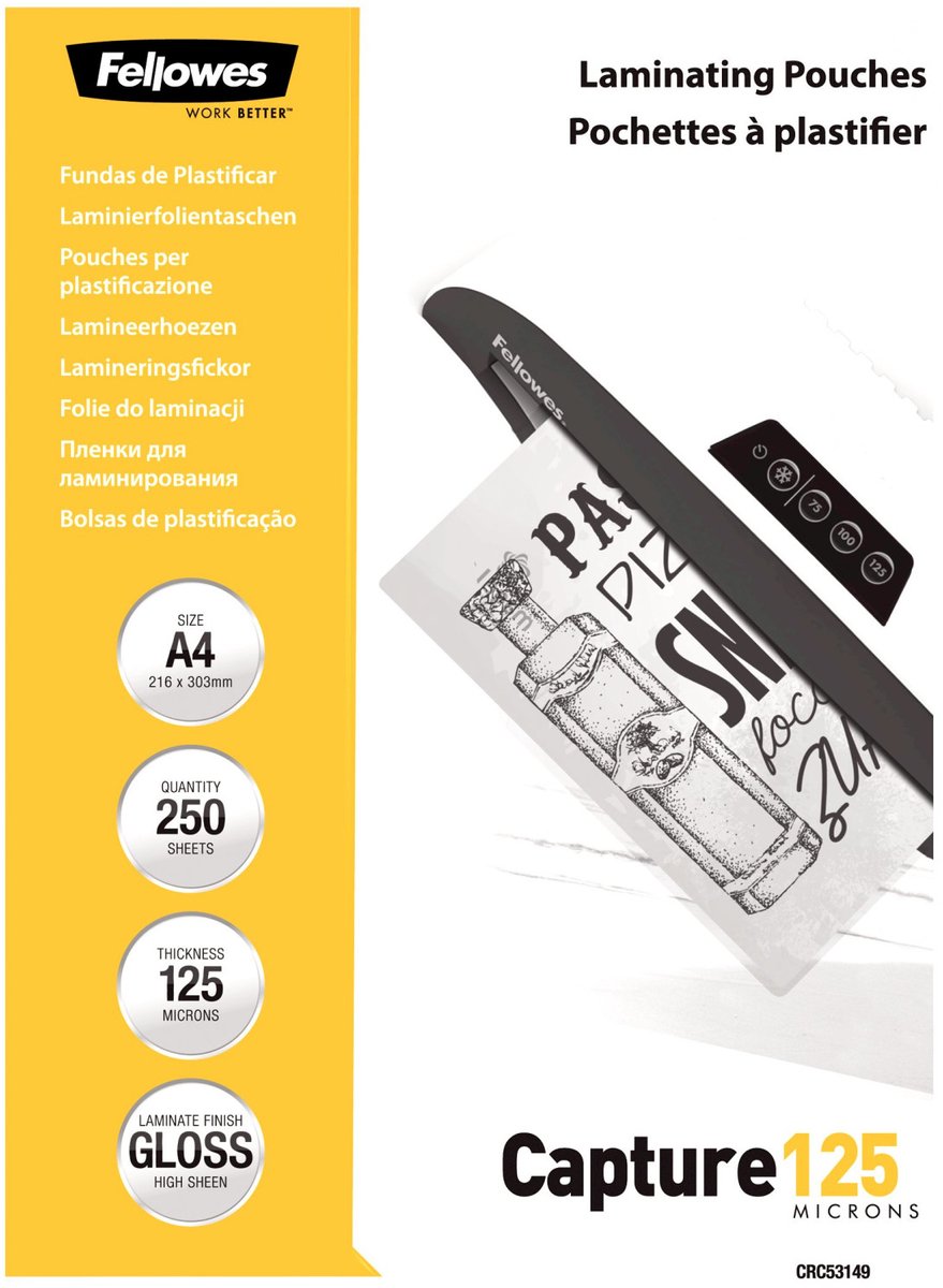 Fellowes Laminierfolien A4 – 125 Mikron – glänzend – 250 Stück – Vorteilspackung