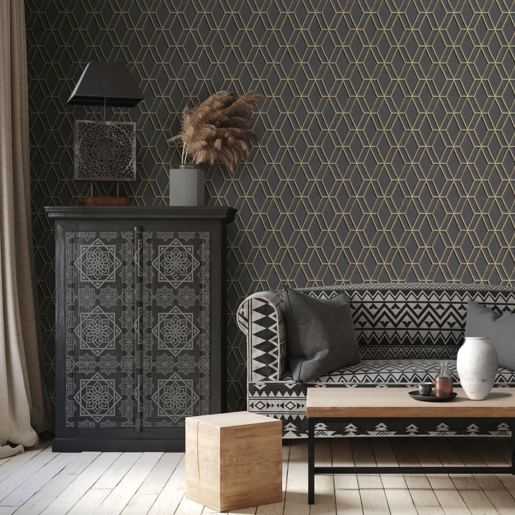 Niederländische Wandverkleidung Niederländische Wandverkauftpaper hexagonal schwarz und goldfarben