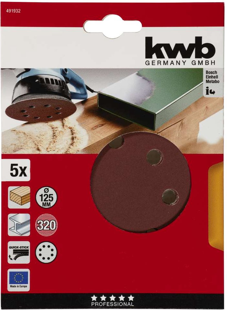 Kwb Schleifscheibe ø 125 mm – Körnung 320 – Klettbefestigung – 491932 – 5 Stück