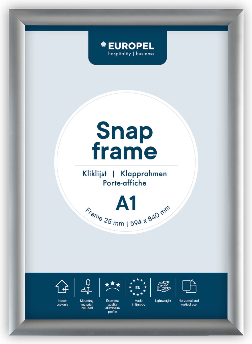 Europel Klickrahmen – Posterrahmen – A1 – 59,4 x 84 cm – 25 mm – Aluminium – Silber