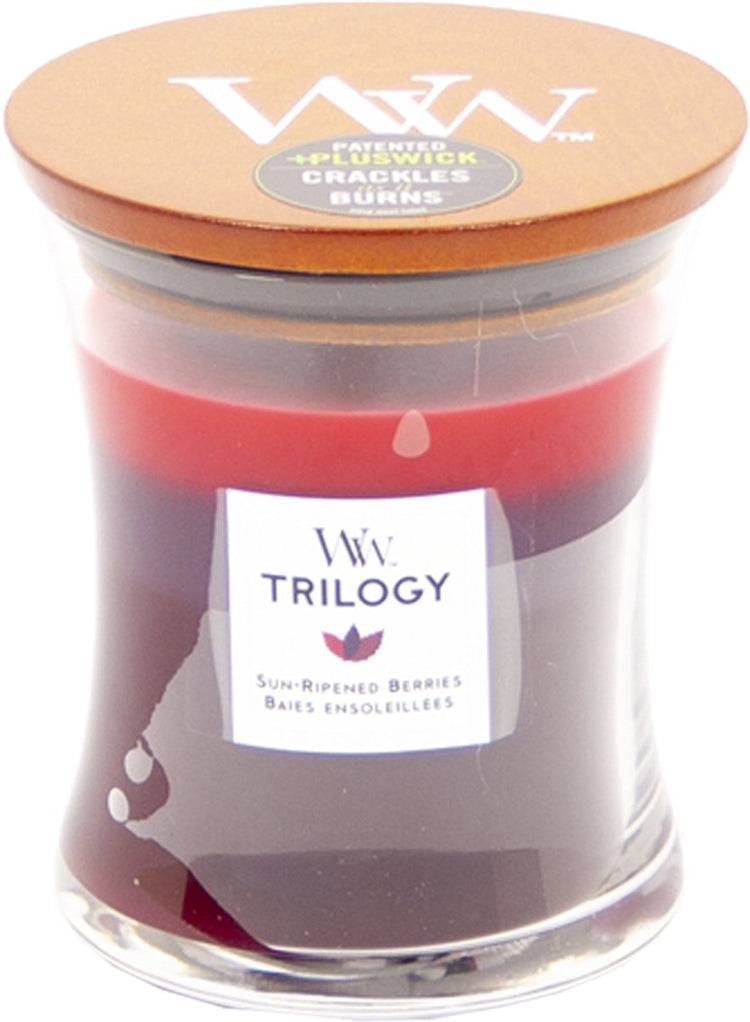 Woodwick Hourglass Trilogy mittelgroße Duftkerze – sonnengereifte Beeren – 60 Brennstunden
