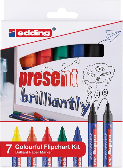 Edding 30 33 buntes Flipchart-Set – brillantes Papiermarker-Set – sortiert 7-teilig: Schwarz, Rot, Blau, Grün, Gelb, Orange (E-30 6x E-33 1x) – 1,5–3 1–5 mm
