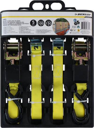 Dunlop Spanngurt mit Ratsche - 4 Stück - 5 m - bis 150 kg - Gelb