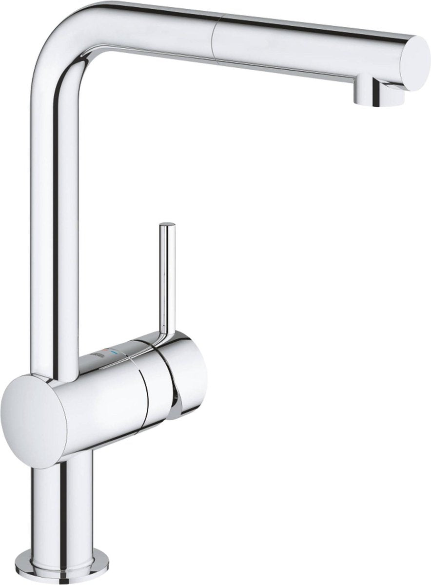 Grohe Minta Küchenarmatur – L-Auslauf – 360° Schwenkbereich – mit ausziehbarer Handbrause – Chrom