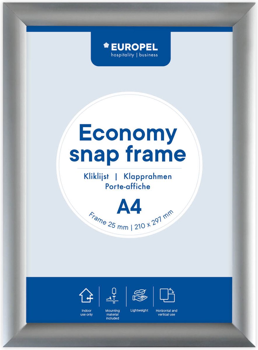 Europel Economy Klickrahmen – Posterrahmen – A4 – 21 x 29,7 cm – 25 mm – Aluminium – Silber