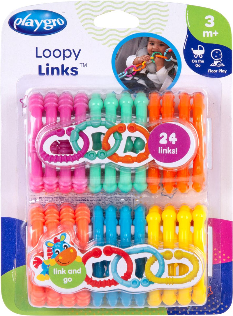 Playgro farbige Verbindungsringe – Loopy Loops – Kinderwagenzubehör – 24 Stück – verschiedene Bissprofile – Babyspielzeug – Baby-Beißspielzeug – Beißringe – Spielzeugringe