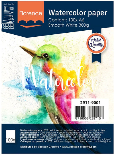 Florence Vaessen Aquarellpapier – intensives Weiß – A6 – 300 Gramm – glatte Struktur – glatt – Florenz – 100 Blatt
