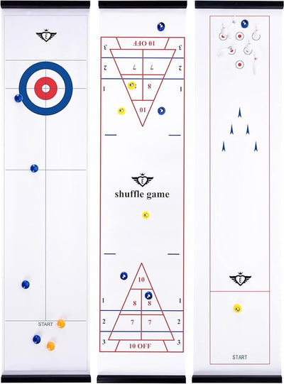 Engelhart 3-in-1-Spielbox – Curling, Shuffle-Bowling – multifunktionales Tischspiel – 120 x 28 cm – 3-in-1-Spieleset – Brettspiel-Geschicklichkeitsspiel – Indoor-Spielbox –