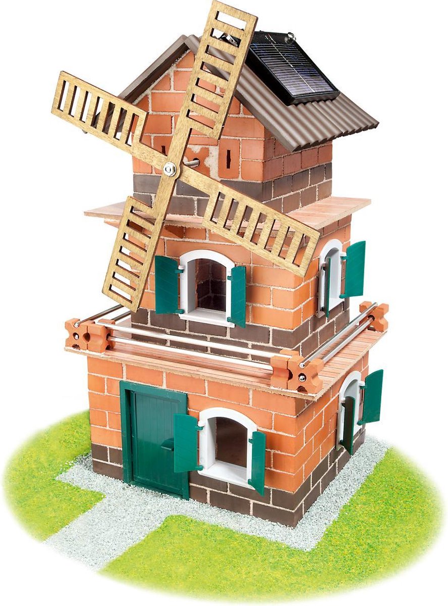 Teifoc® Bausatz – Solarwindmühle und Wassermühle – 380 Teile – echte Mini-Steine mit Zement, Schüssel und Kelle – Bausatz für Kinder ab 8 Jahren