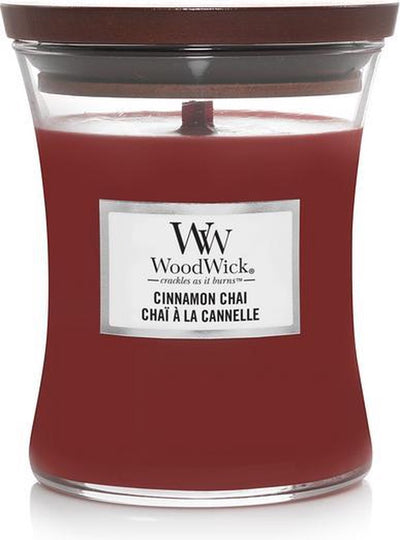 Mittlere Sanduhr-Duftkerze von Woodwick – Zimt-Chai – 60 Brennstunden
