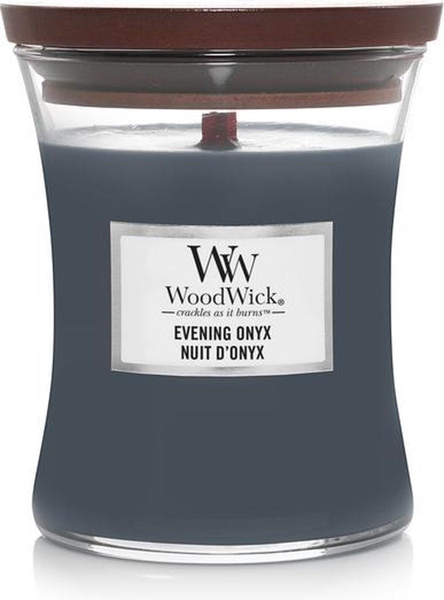 Mittlere Sanduhr-Duftkerze von Woodwick – Evening Onyx – 60 Brennstunden