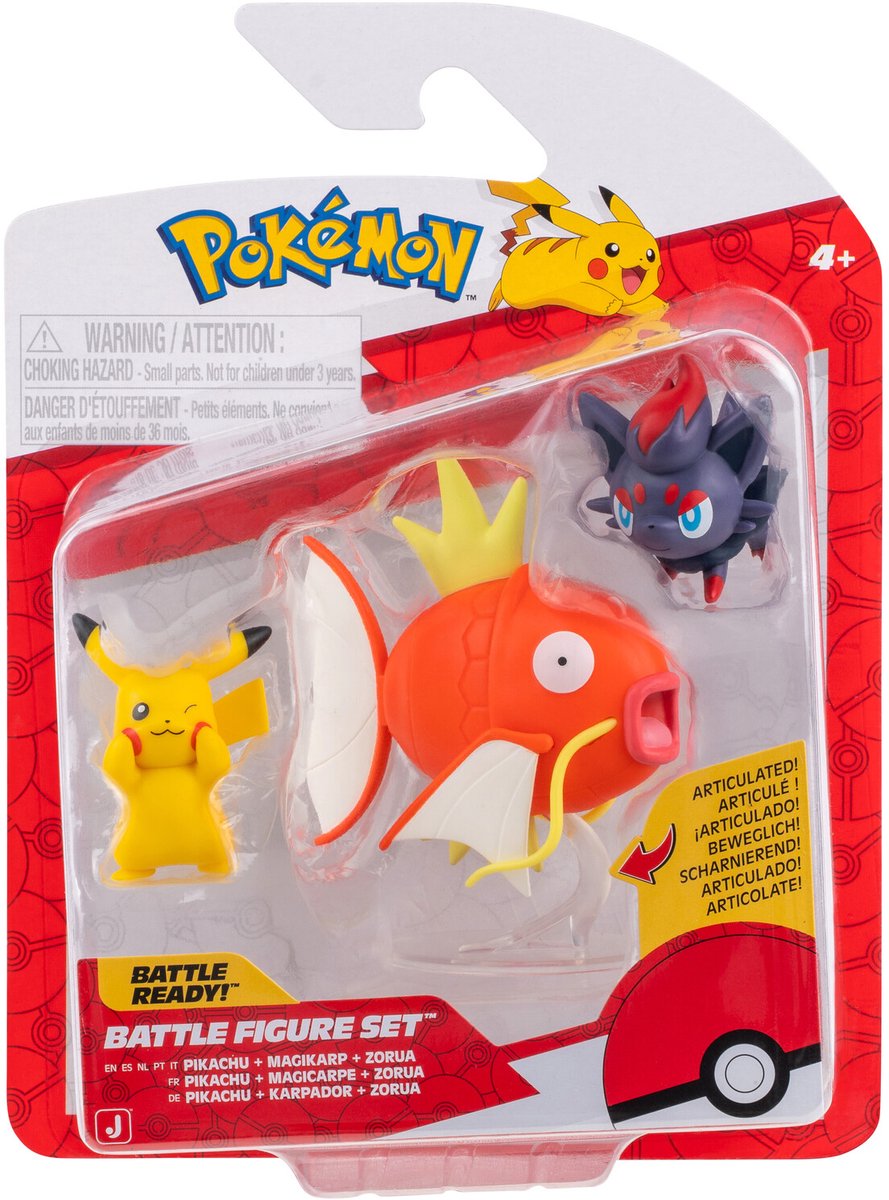 Jazwares Pokémon – Kampffiguren im 3er-Pack, Pikachu, Zorua, Magikarp mit Ständer