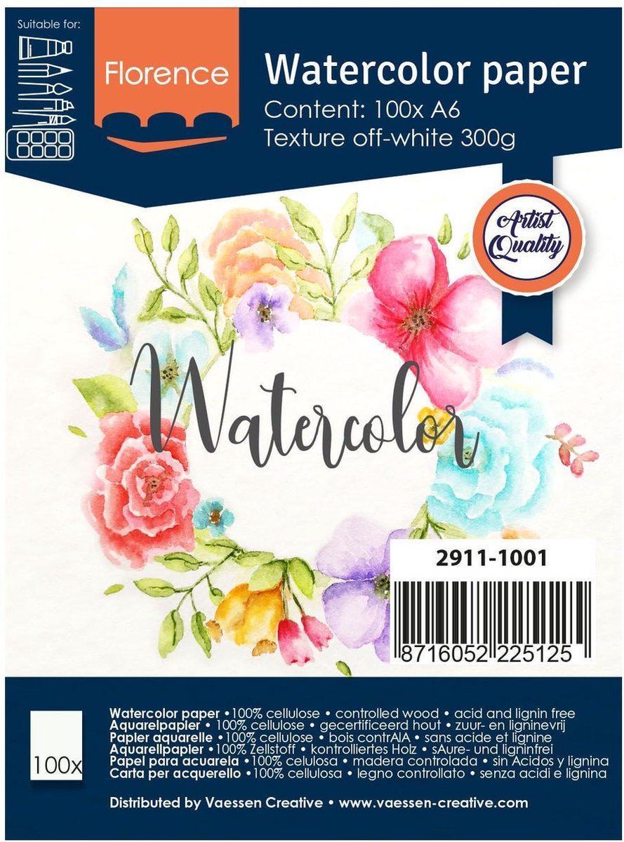Florence Vaessen Aquarellpapier – gebrochenes Weiß, A6, 300 Gramm – leichte Struktur – 100 Blatt