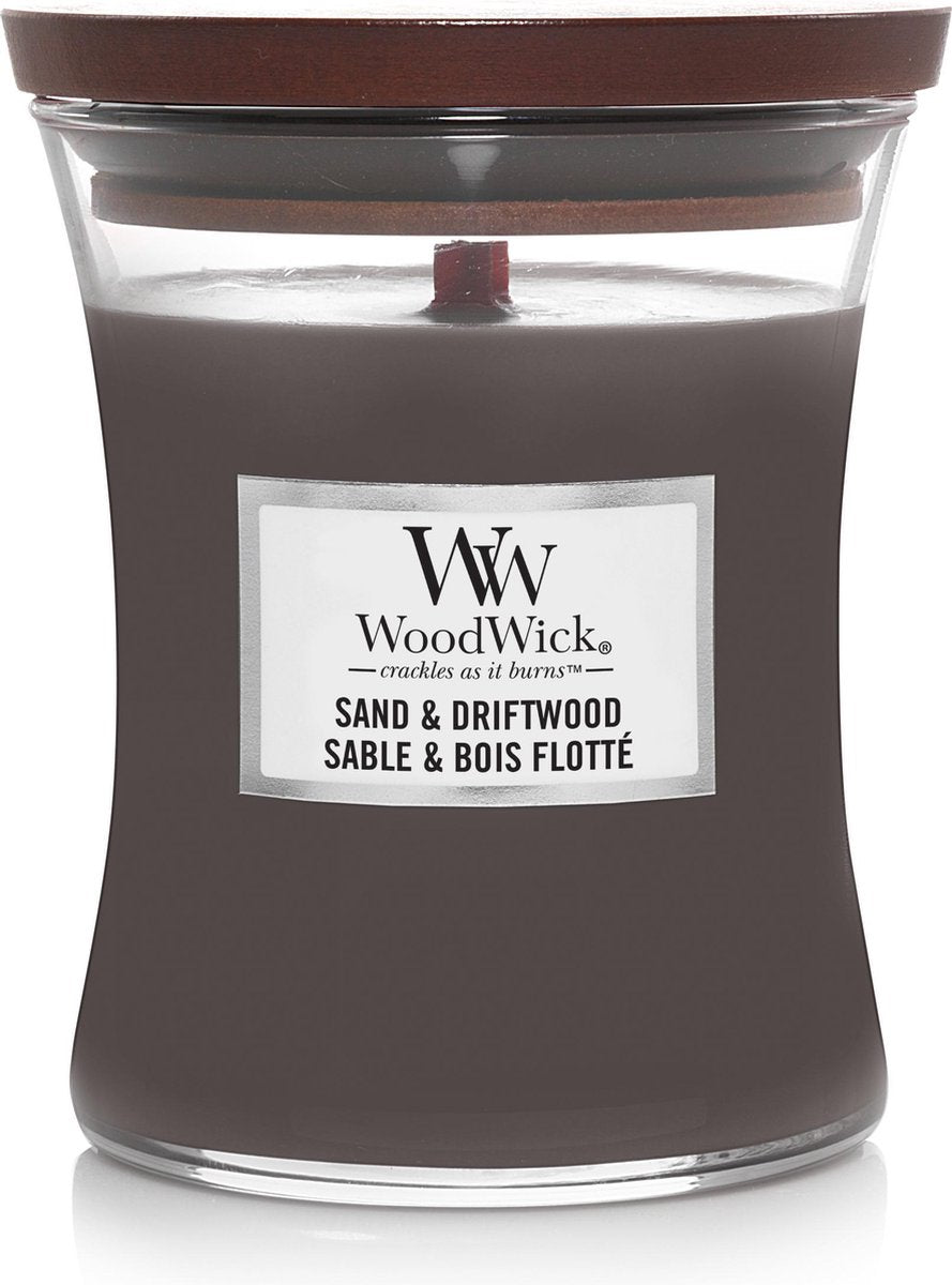 Mittlere Sanduhr-Duftkerze von Woodwick – Sand-Treibholz – 60 Brennstunden