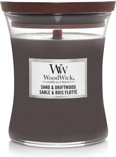Mittlere Sanduhr-Duftkerze von Woodwick – Sand-Treibholz – 60 Brennstunden