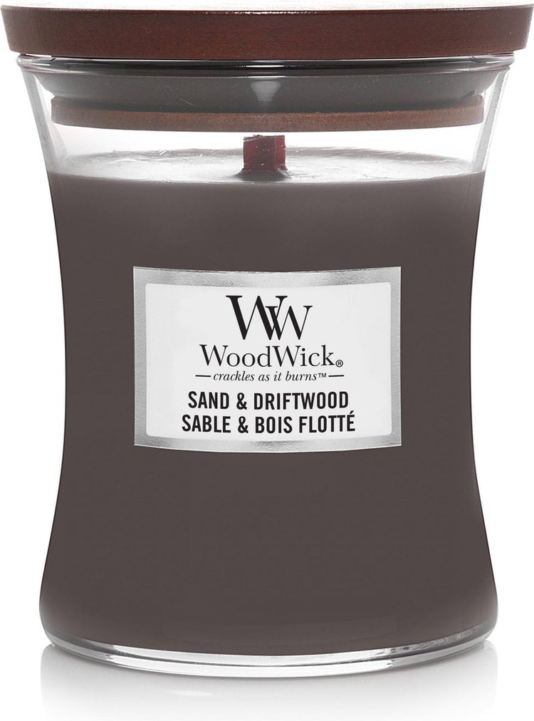 Mittlere Sanduhr-Duftkerze von Woodwick – Sand-Treibholz – 60 Brennstunden