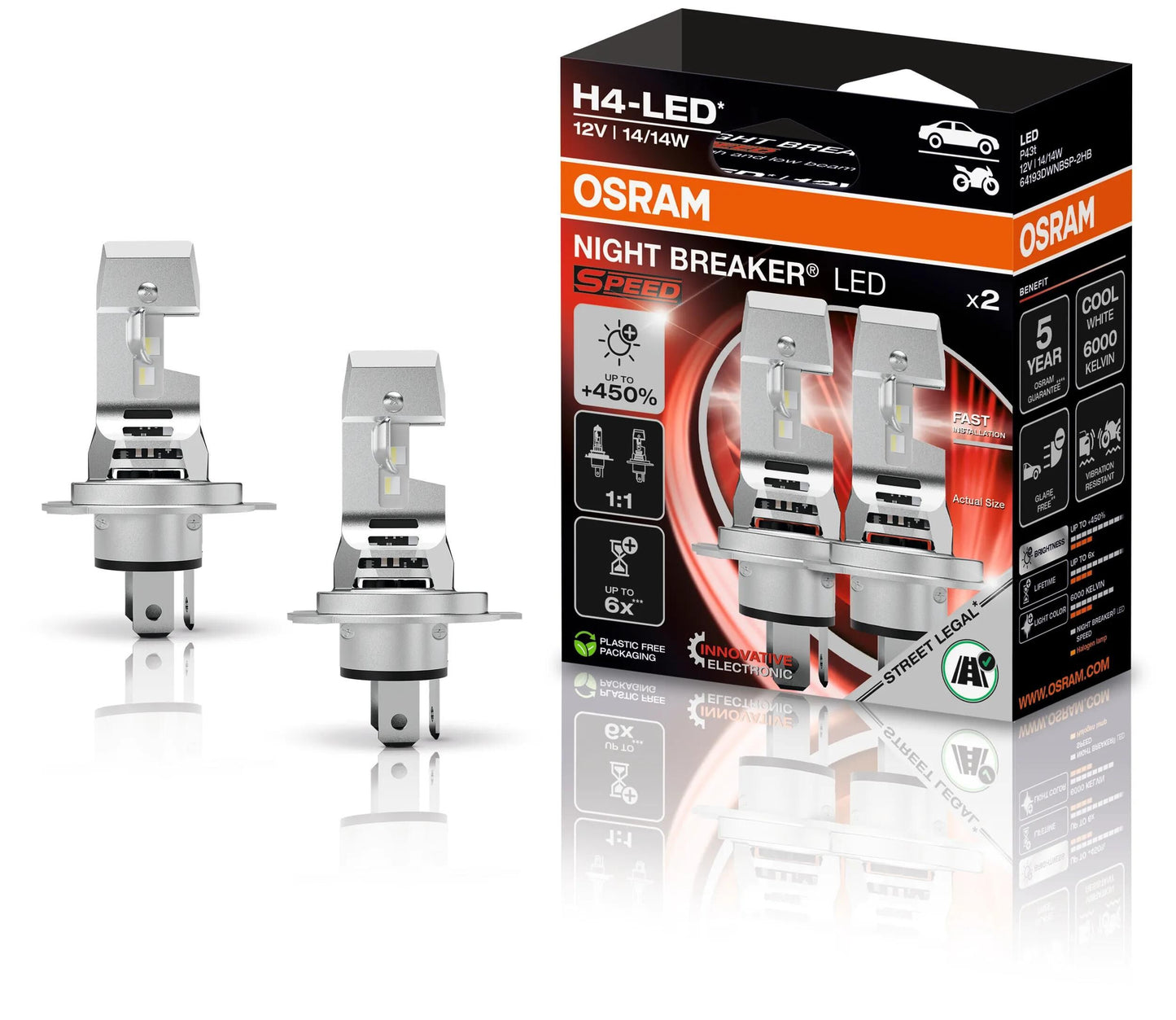Osram-Lampe H4 450 2VPE 12V 14W Nachtschalter-LED