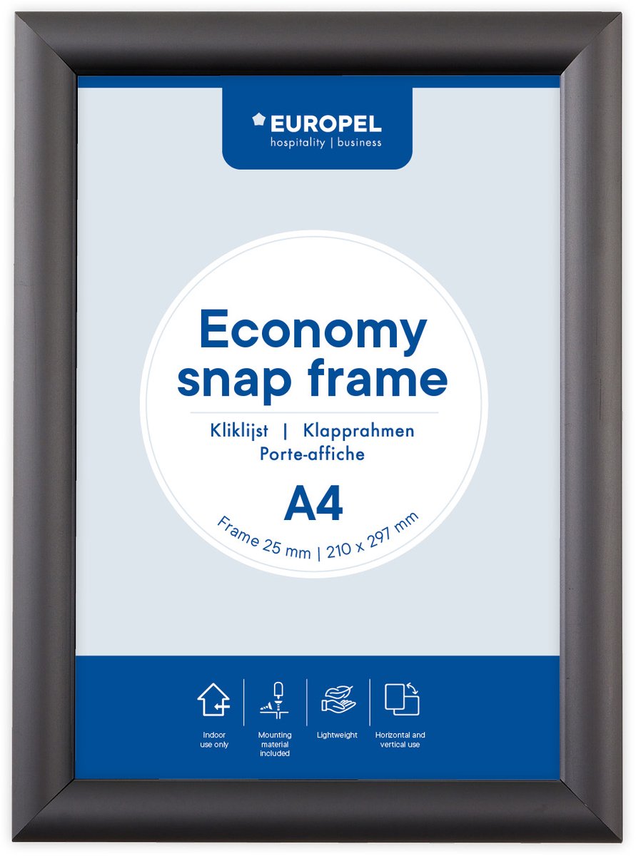 Europel Economy Klickrahmen – Posterrahmen – A4 – 21 x 29,7 cm – 25 mm – Aluminium – Schwarz