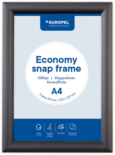 Europel Economy Klickrahmen – Posterrahmen – A4 – 21 x 29,7 cm – 25 mm – Aluminium – Schwarz