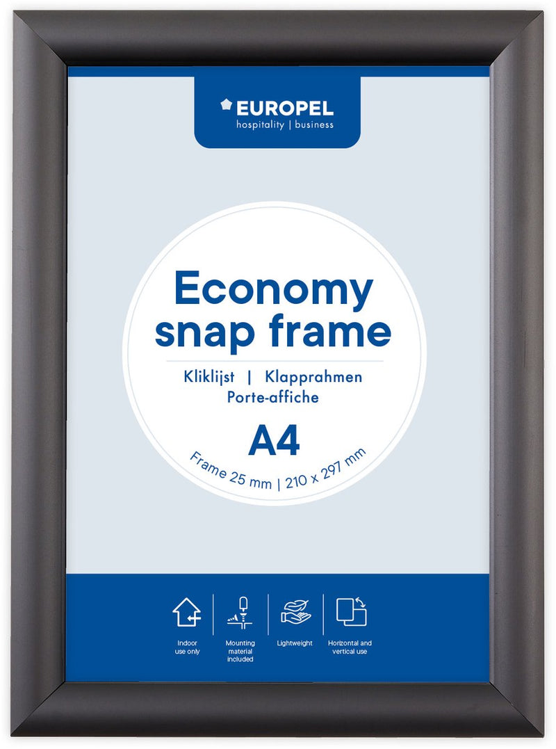 Europel Economy Klickrahmen – Posterrahmen – A4 – 21 x 29,7 cm – 25 mm – Aluminium – Schwarz