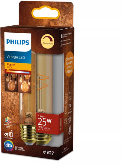 Philips LED Philips Vintage LED – dimmbare Lampe – 25 W – extra warmweißes Licht: 1800 K – E27-Fassung – bernsteinfarbenes Glas – Lampenform: T32