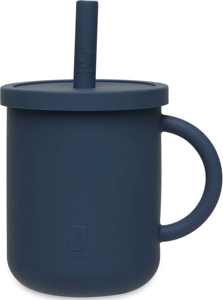 Jollein - Trinkbecher mit Strohhalm (jeansblau) - Silikon - Babytrinkbecher, Babybesteck - 6-18 Monate