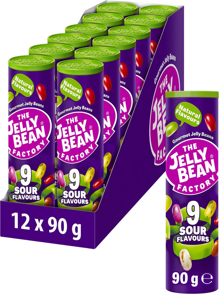 The Jelly Bean Factory 12 saure Tuben Jelly Beans Sauerbonbons – Geburtstagsleckereien zum Verteilen von Geschenken für Kinder – 9 verschiedene Geschmacksrichtungen – Tube mit 90 g Bonbons – Geschenk – Süßigkeiten