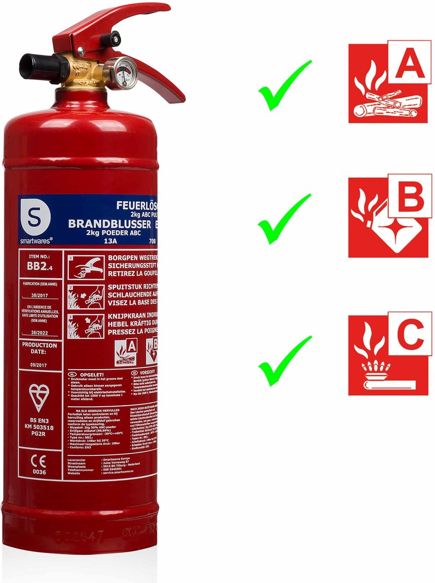 Smartwares 10.014.68 – Feuerlöschpulver 2kg – inklusive Montagehalterung – Brandklasse ABC – BSI zertifiziert