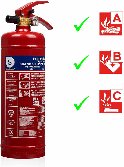 Smartwares 10.014.68 – Feuerlöschpulver 2kg – inklusive Montagehalterung – Brandklasse ABC – BSI zertifiziert