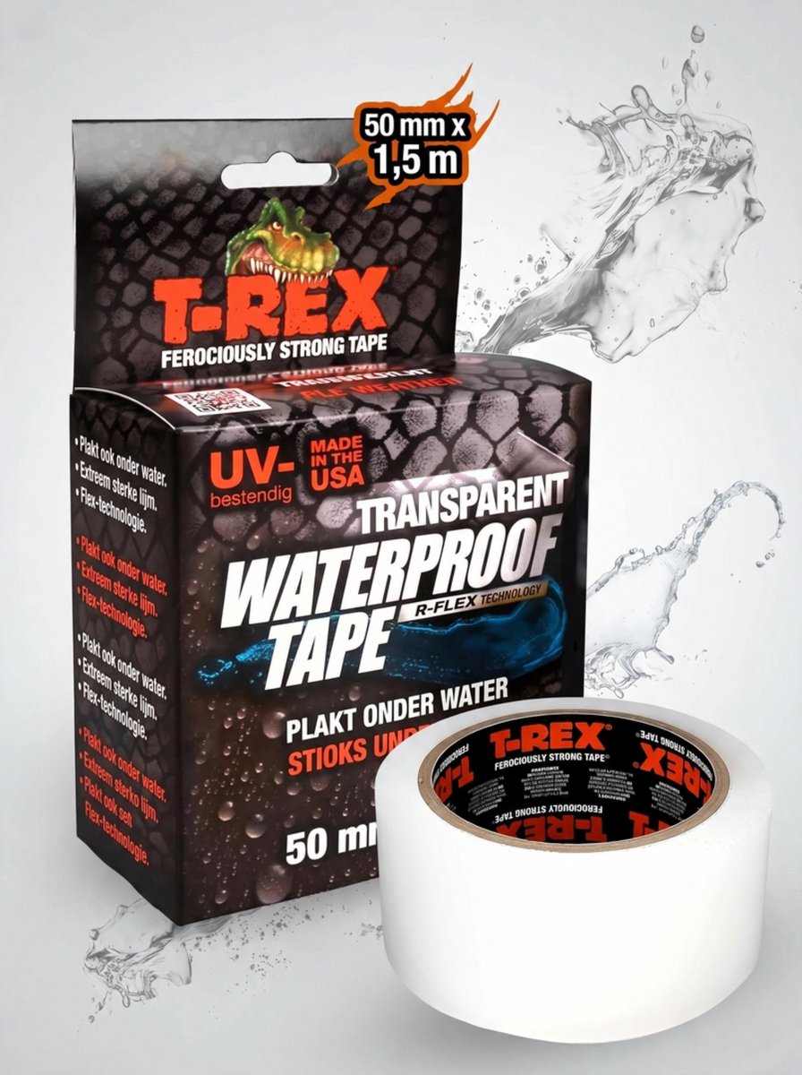 Kip T-Rex Waterproof – extra starkes wasserdichtes Klebeband | wetterfestes selbstklebendes Dichtungsband für Schwimmbäder, Wasserleitungen und den Hausgebrauch – haftet auch unter Wasser | Schwarzes Klebeband 50 mm x 1,5 m