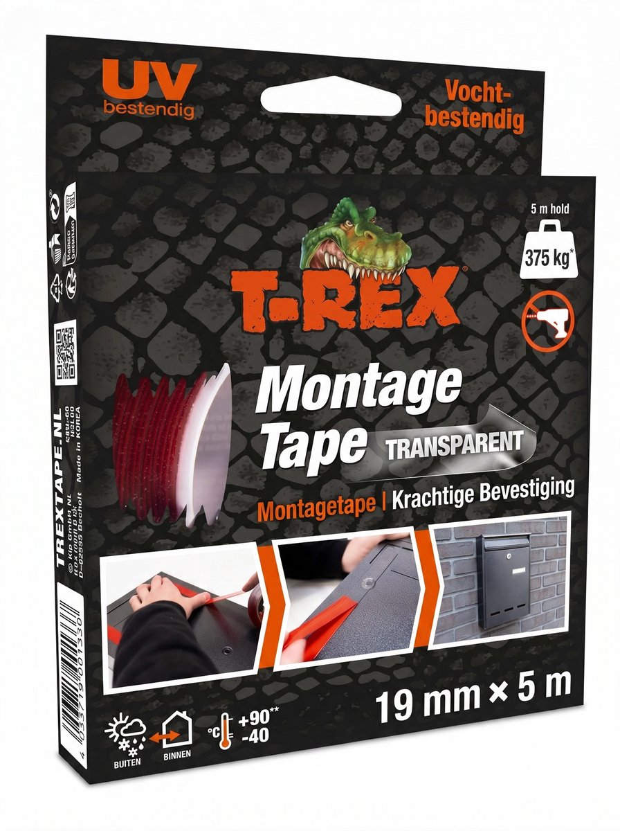 T-Rex-Montageband – extra starkes doppelseitiges Klebeband für die Montage im Innen- und Außenbereich – dauerhafte Befestigung ohne Bohren oder Schrauben – Belastbarkeit bis 375 kg – 19 mm x 5 m