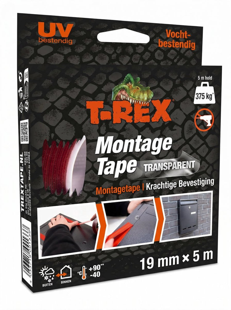 T-Rex-Montageband – extra starkes doppelseitiges Klebeband für die Montage im Innen- und Außenbereich – dauerhafte Befestigung ohne Bohren oder Schrauben – Belastbarkeit bis 375 kg – 19 mm x 5 m