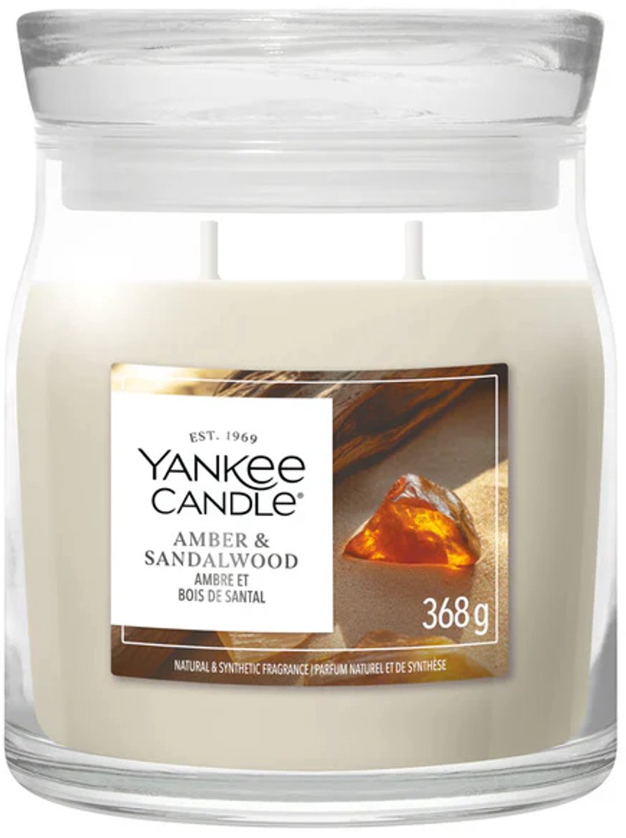 Yankee Candle – mittelgroße Duftkerze aus Bernstein-Sandelholz – 50 Brennstunden – 2 Dochte